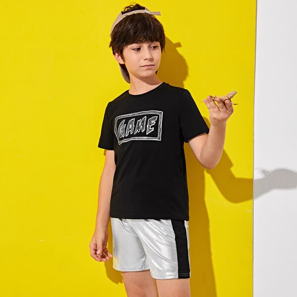 

Boys Letter Graphic Top & Contrast Sideseam Shorts Set, Multicolor