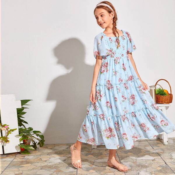 

Girls Shirred Bodice Frill Trim Layered Ruffle Hem Chiffon Dress, Baby blue