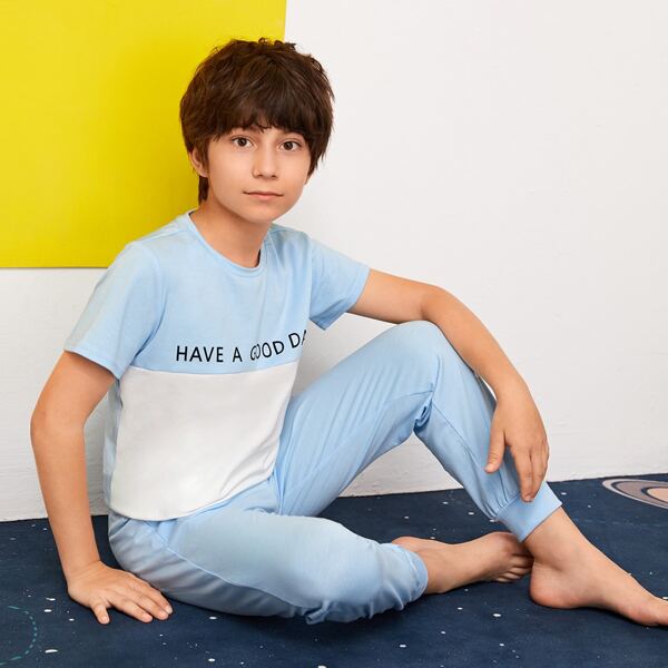 

Boys Slogan Graphic Two Tone Top & Pants PJ Set, Blue and white