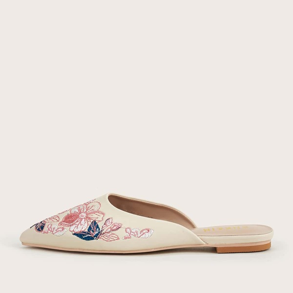 

Point Toe Floral Embroidery Flat Mules, Apricot