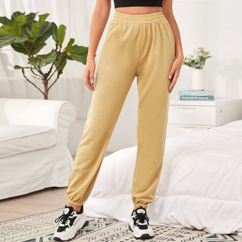 

Elastic Waist Solid Sports Pants, Khaki
