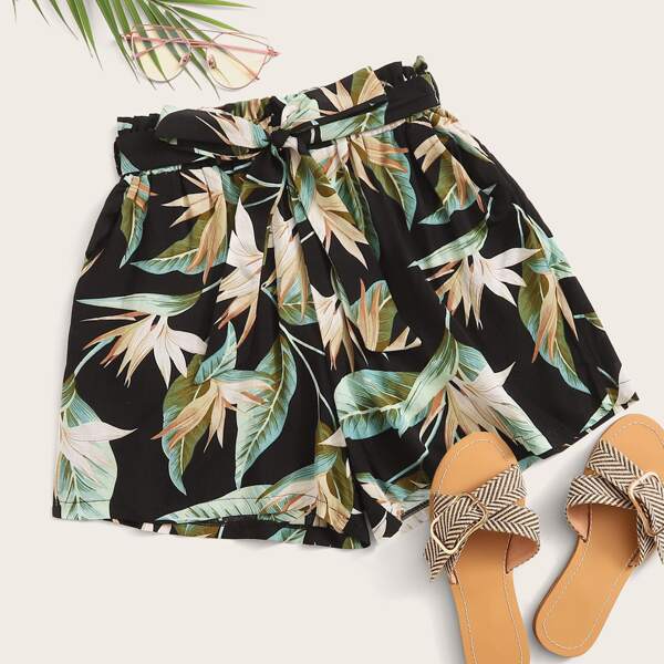 

Plus Tropical Print Paperbag Waist Belted Shorts, Multicolor