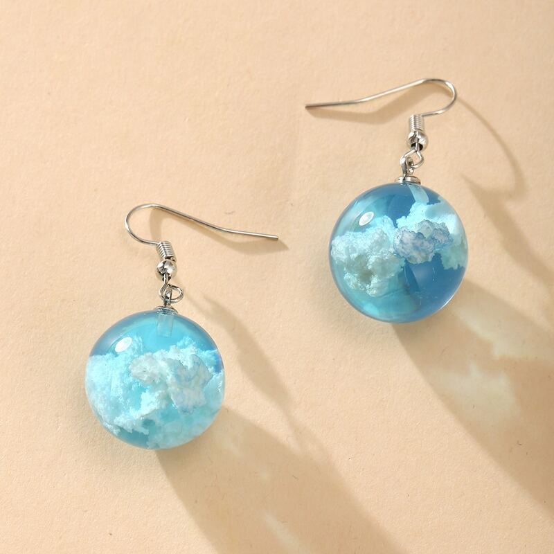 

Blue Sky White Cloud Transparent Round Ball Drop Earrings, Multicolor