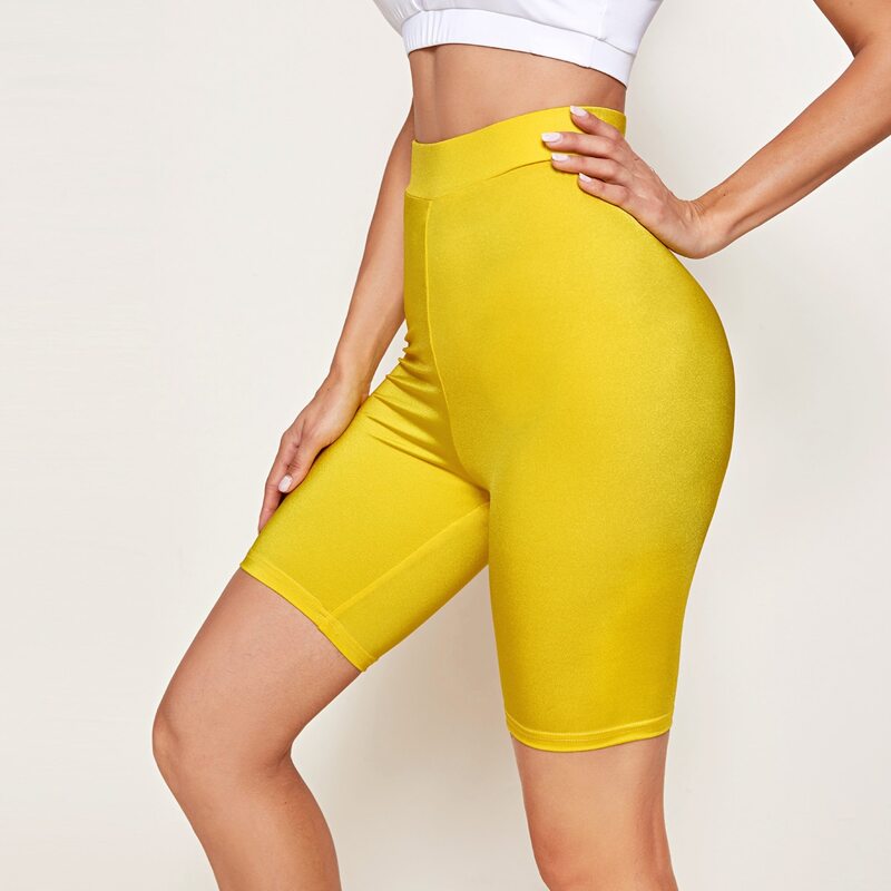 

Solid High Waist Biker Shorts, Yellow bright