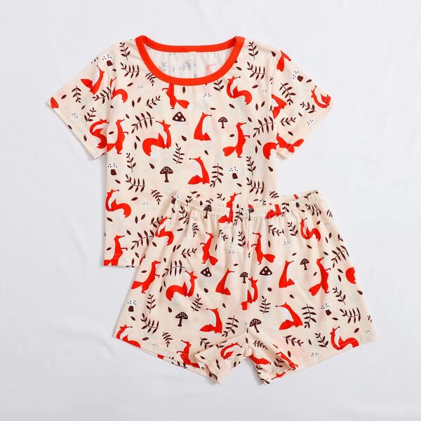 

Girls Cartoon & Plants Print Tee With Shorts PJ Set, Multicolor