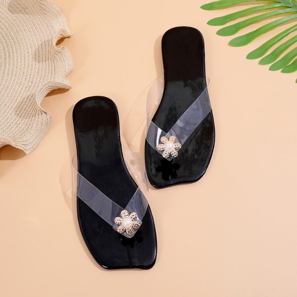 

Clear Floral Appliques Flip Flops, Black