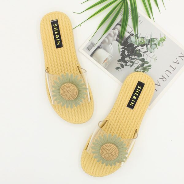 

Clear Floral Appliques Slippers, Green
