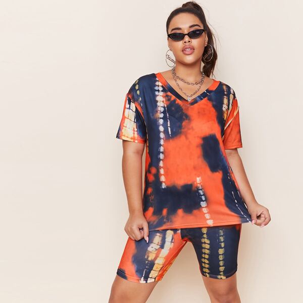 

Plus Tie Dye Print Tee With Biker Shorts, Multicolor