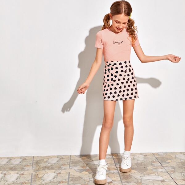 

Girls Letter and Heart Embroidered Top & Skirt Set, Baby pink
