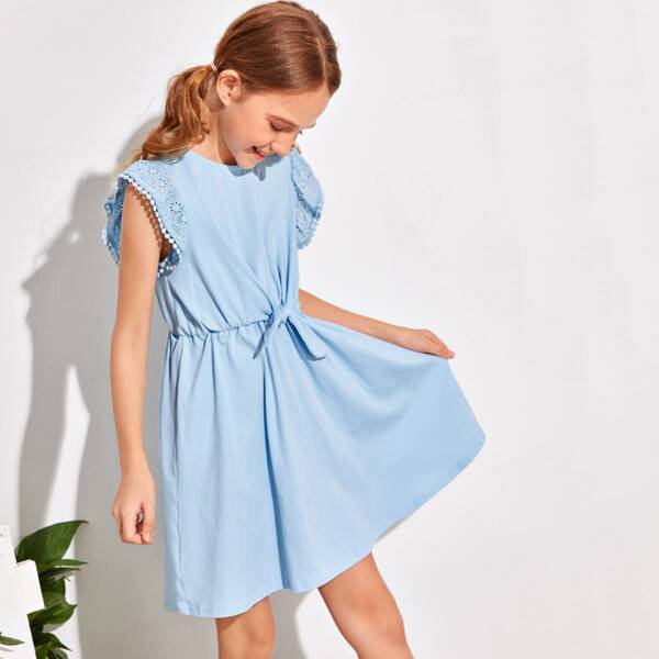 

Girls Eyelet Embroidered Armhole Knot Front Solid Dress, Baby blue
