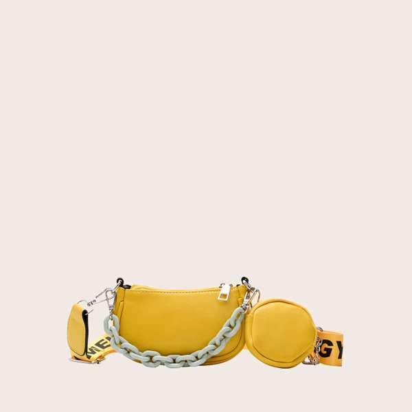 

2pcs Girls Chain Handle Satchel Bag With Purse, Yellow