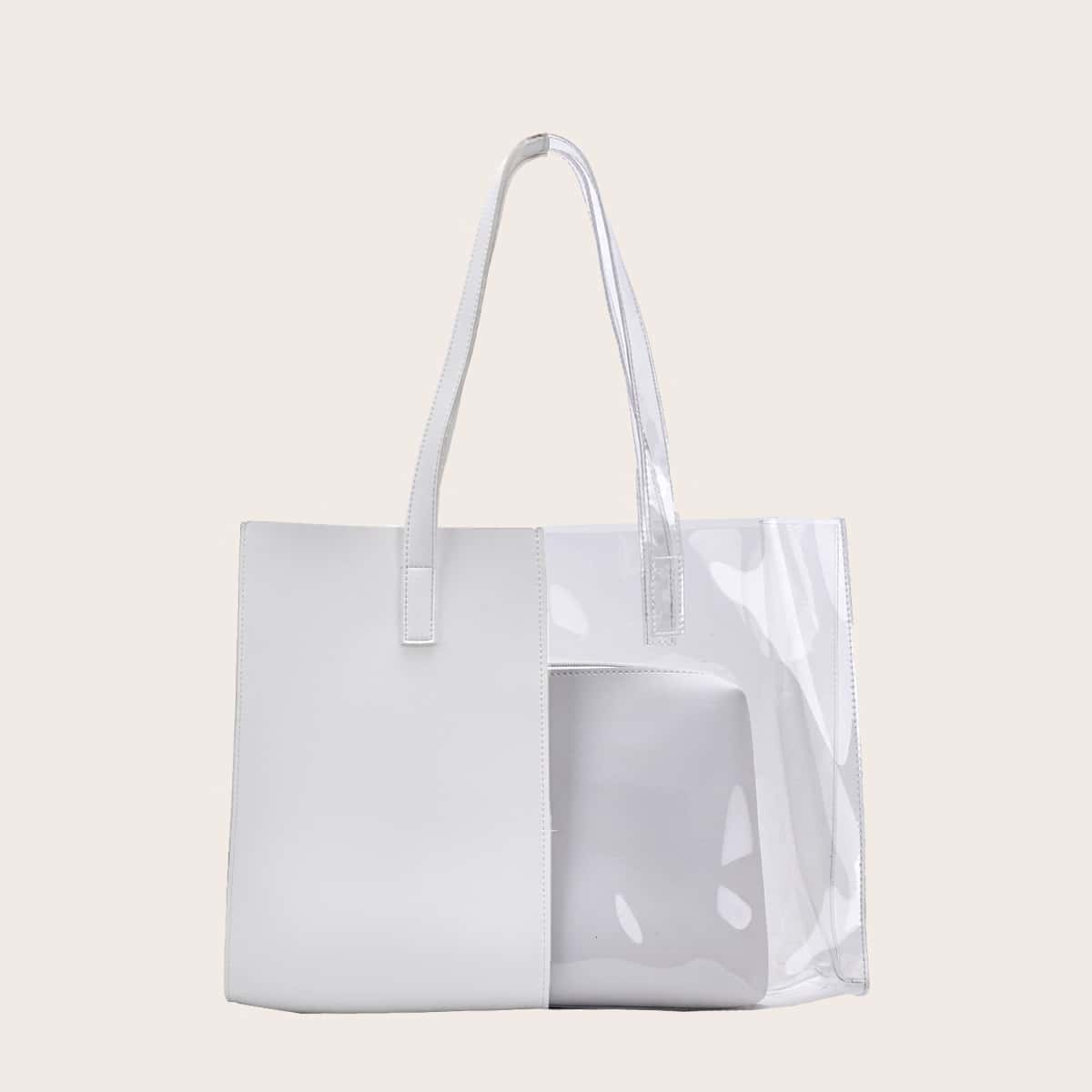 

Contrast PU Clear Tote Bag With Inner Pouch, White