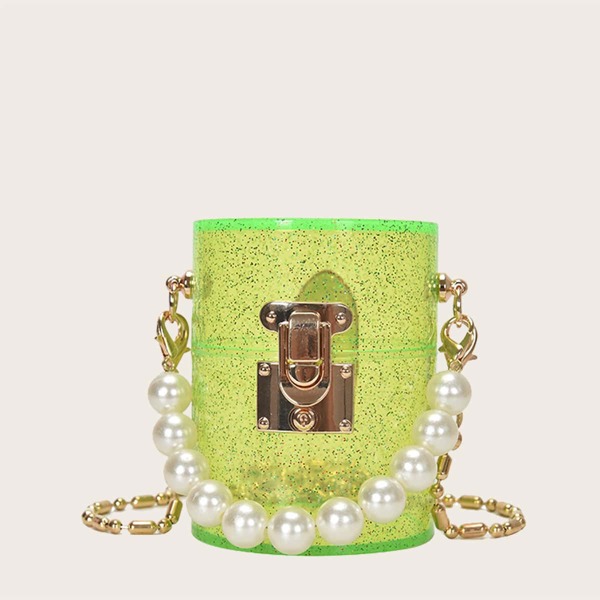 

Girls Faux Pearl Decor Glitter Acrylic Box Bag, Lime green