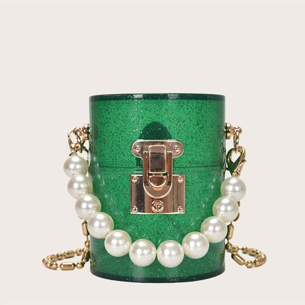 

Girls Faux Pearl Decor Glitter Acrylic Box Bag, Green