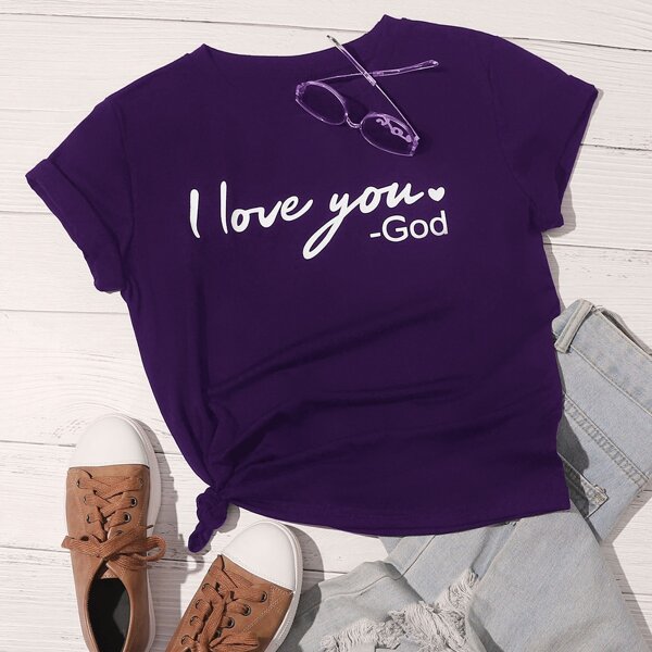 

Slogan Graphic Round Neck Tee, Purple