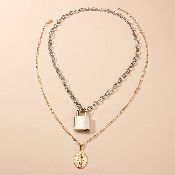 

2pcs Lock Figure Charm Necklace, Multicolor