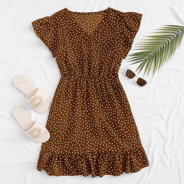 

V-neck Ruffle Hem Polka Dot A-line Dress, Brown