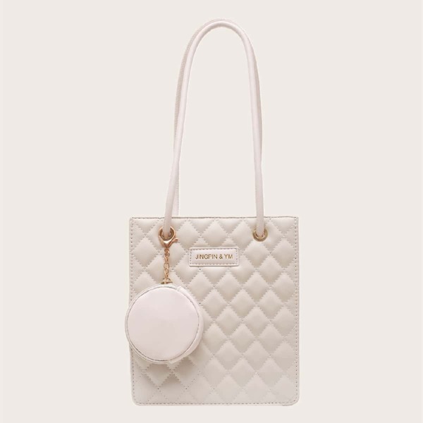

2pcs Quilted Tote Bag With Purse, Beige