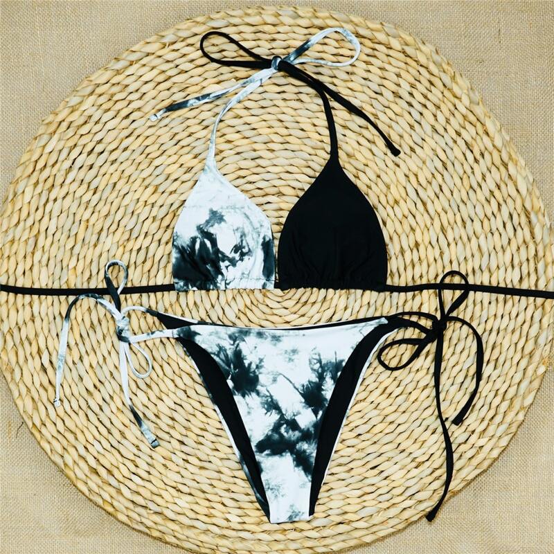 

Tie Dye Triangle Tie Side Bikini Swimsuit, Black and white