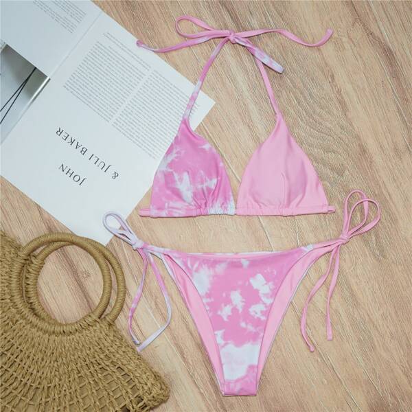 

Tie Dye Triangle Tie Side Bikini Swimsuit, Baby pink