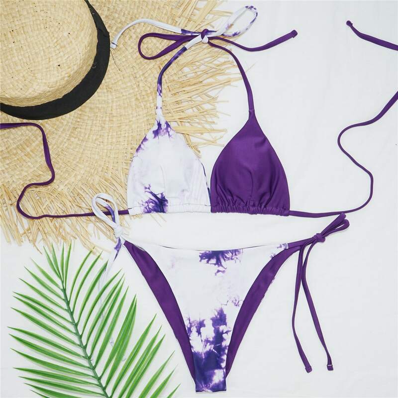 

Tie Dye Triangle Tie Side Bikini Swimsuit, Violet purple