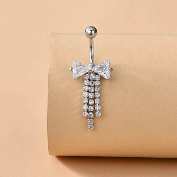 

Rhinestone Engraved Bow Round Ball Decor Belly Bar, Silver