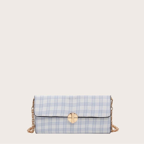 

Plaid Chain Baguette Bag, White