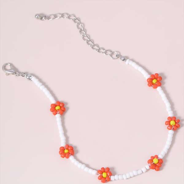 

Floral Beaded Anklet, Red