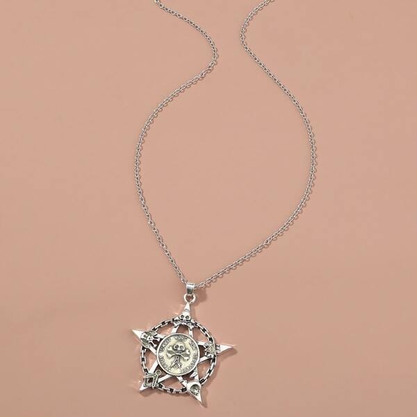

Skull Pattern Star Charm Necklace, Silver