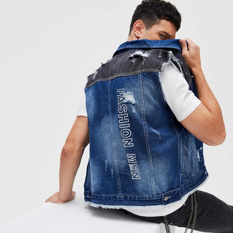 

Guys Letter Graphic Spliced Ripped Sleeveless Denim Jacket, Medium wash