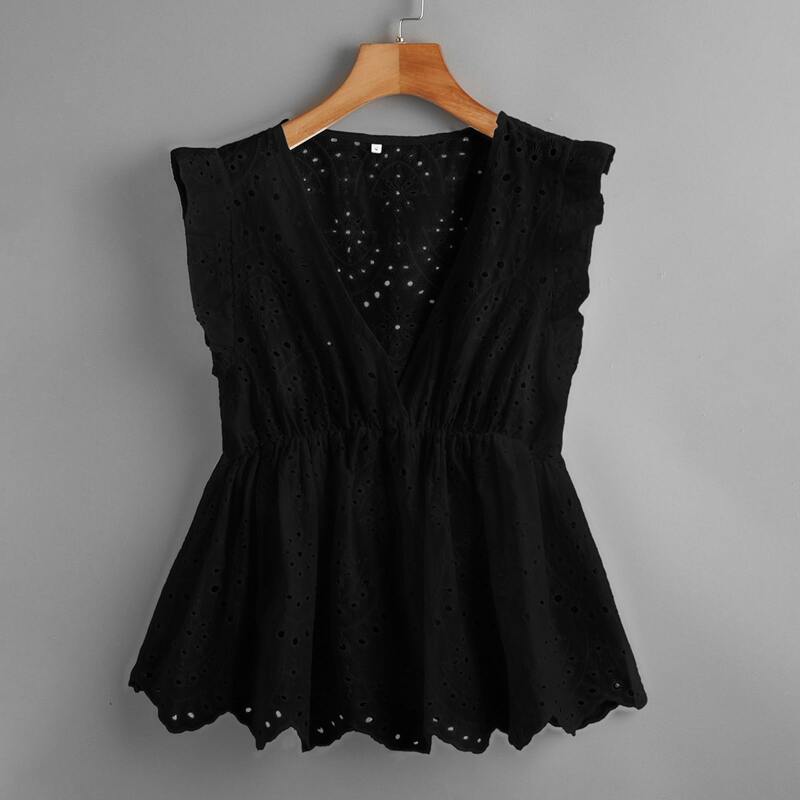 

V-neck Schiffy Babydoll Blouse, Black