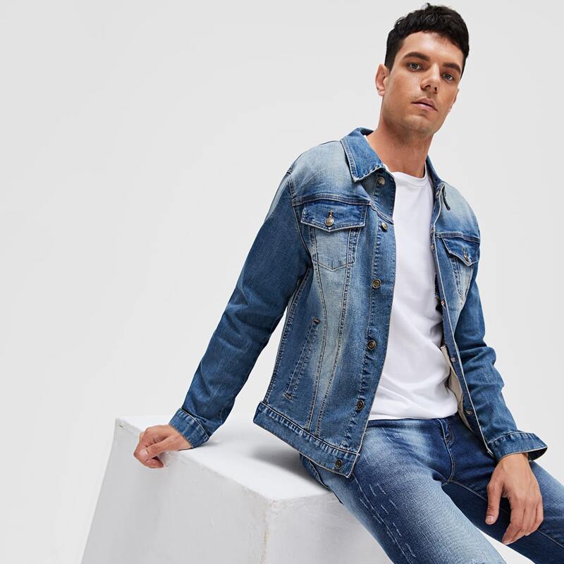 

Guys Button Up Washed Denim Jacket, Medium wash
