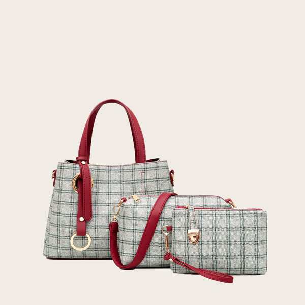 

3pcs Plaid Bag Set, Green