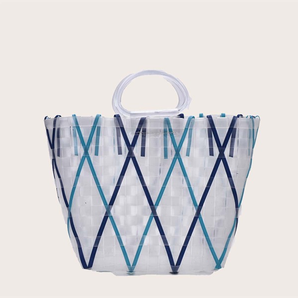 

Geometric Pattern PVC Woven Tote Bag, White