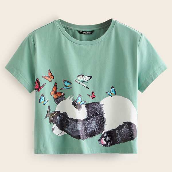 

Panda & Butterfly Print Crop Tee, Green