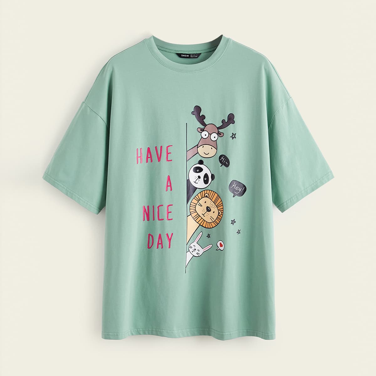 

Drop Shoulder Slogan & Cartoon Graphic Tee, Mint green
