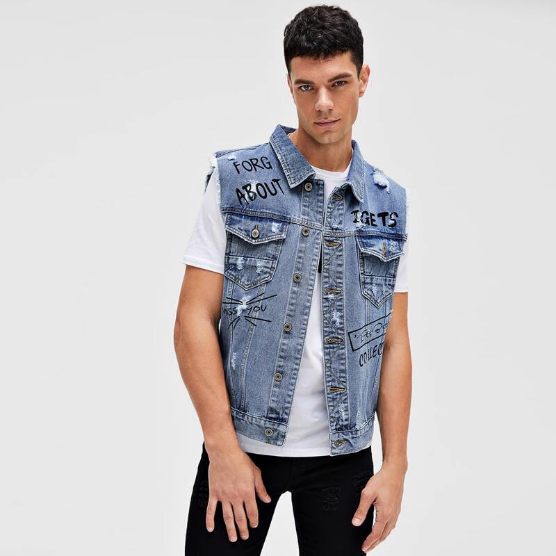 

Guys Letter Graphic Ripped Denim Jackets, Medium wash