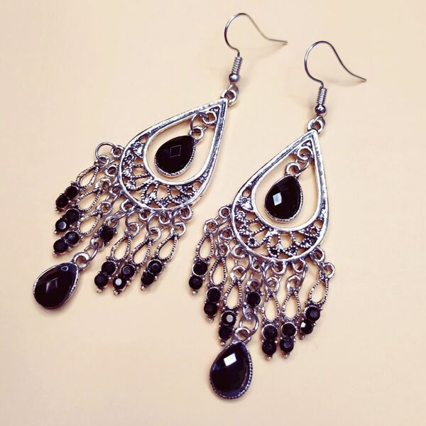 

Gemstone Engraved Tassel Drop Earrings, Black