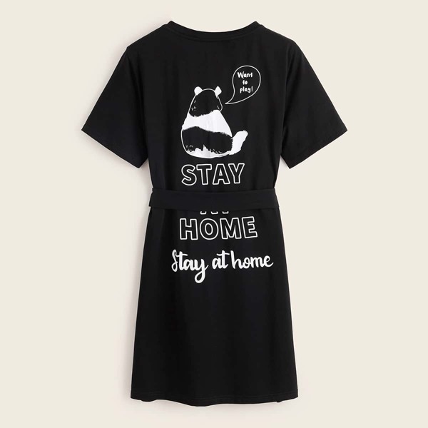 

Cartoon & Slogan Graphic Buckle Belted Dress, Black