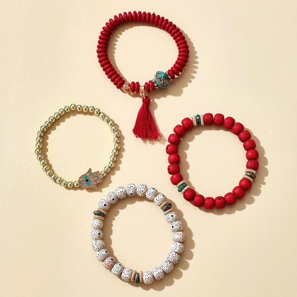 

4pcs Tassel Charm Beaded Bracelet, Multicolor