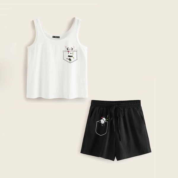 

Cartoon Graphic Tank Top & Shorts Set, Black and white