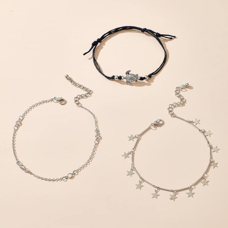 

3pcs Star Charm Anklet, Silver