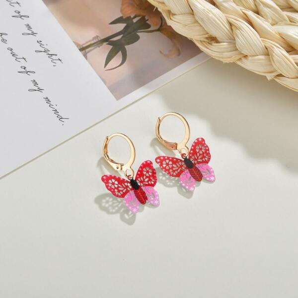 

Hollow Out Butterfly Drop Earrings, Red