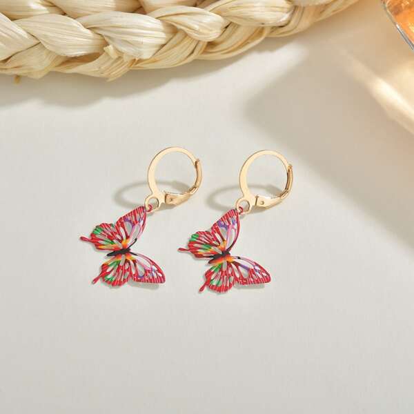 

Hollow Out Butterfly Drop Earrings, Red