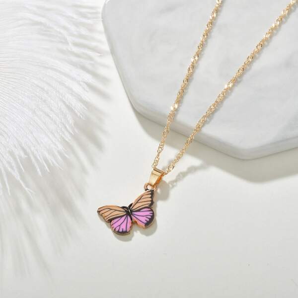 

Colorful Butterfly Charm Necklace, Pink