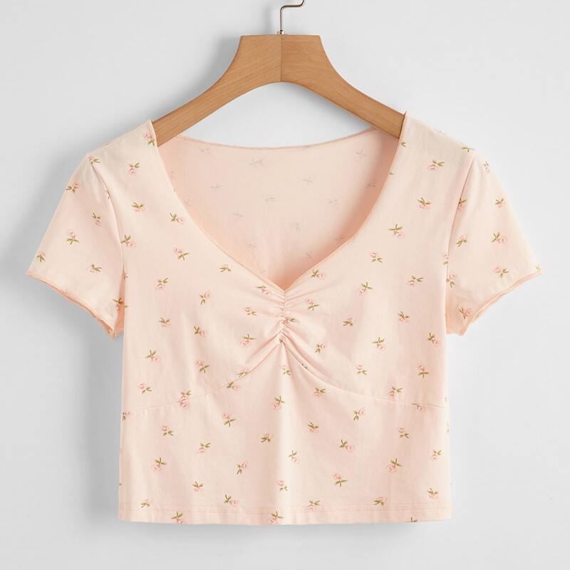 

Ditsy Floral Ruched Tee, Baby pink
