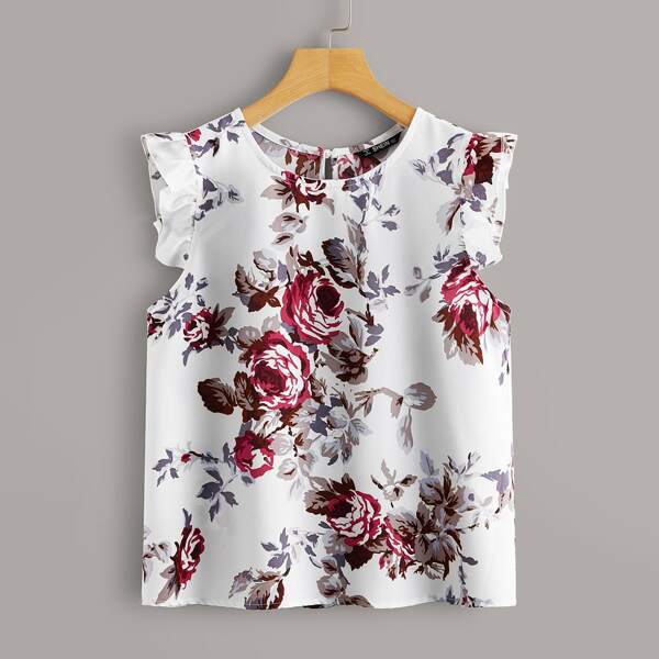 

Plus Floral Print Ruffle Armhole Top, White