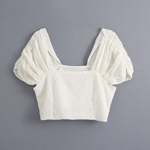 

Solid Ruched Sleeve Crop Top, White