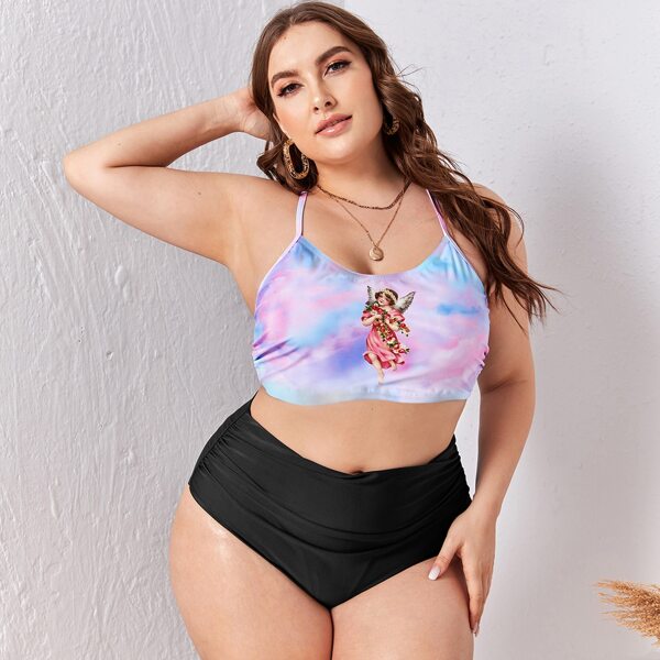 

Plus Angel & Tie Dye High Waisted Bikini Swimsuit, Multicolor