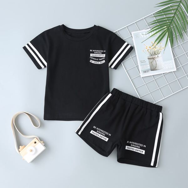 

Toddler Boys Striped & Slogan Graphic Tee & Track Shorts, Black